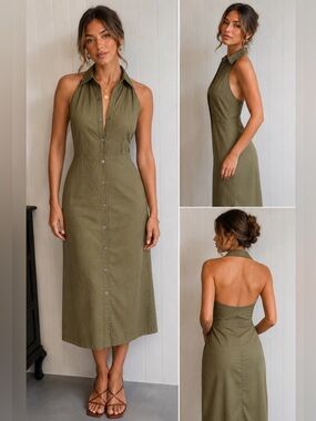 Ralph Lauren Sport Olive Halter Utility Dress | Y2K | Safari | Military Chic M